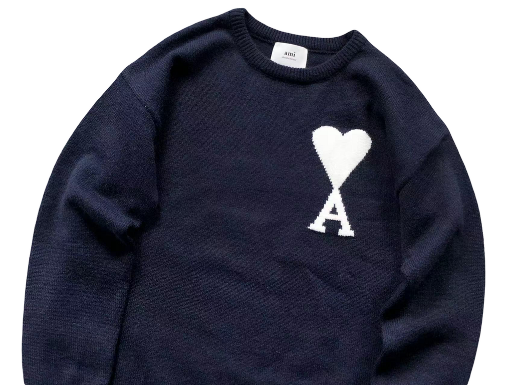 AMI Paris Maxi White Heart Knit Sweater Navy