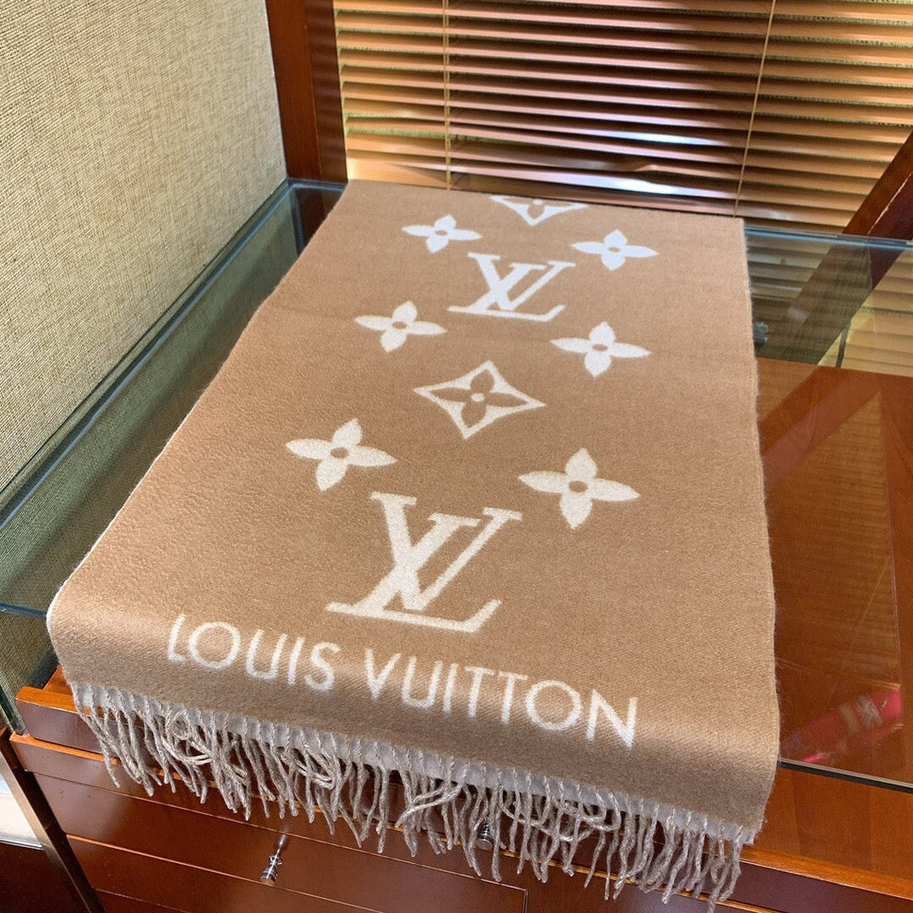 Louis Vuitton Monogram Scarf - Beige and White Wool Cashmere Blend Luxury Fringe Wrap